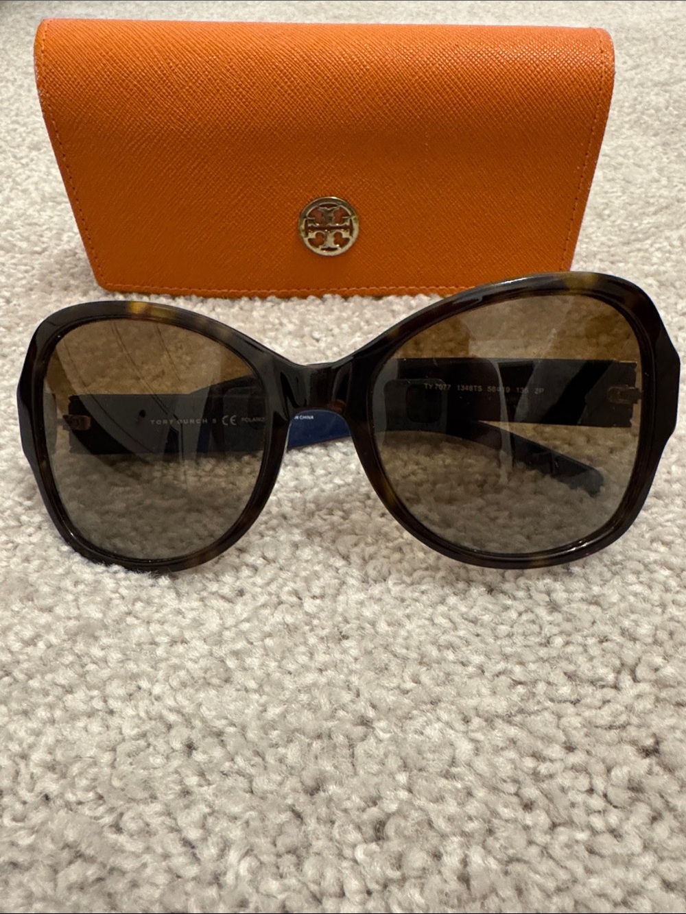 Tory Burch Tortoiseshell Oversized Sunglasses with Orange Logo Case